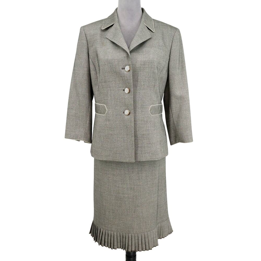 Kasper Skirt Suit Womens 12 Gray Green Woven Lined Pleated Skirt Hem Career